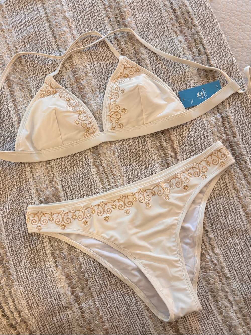 Cupshe Cream White Triangle Bikini with Gold Embroidery